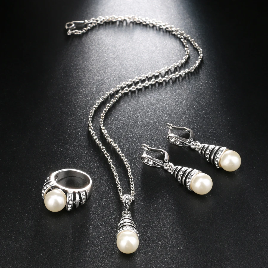 3ks Striebornej Farbe Pearl Šperky Sady Pre Ženy Duté Sa Kvapka Vody Náhrdelníky Náušnice A Prsteň Vintage Svadba Šperky Set