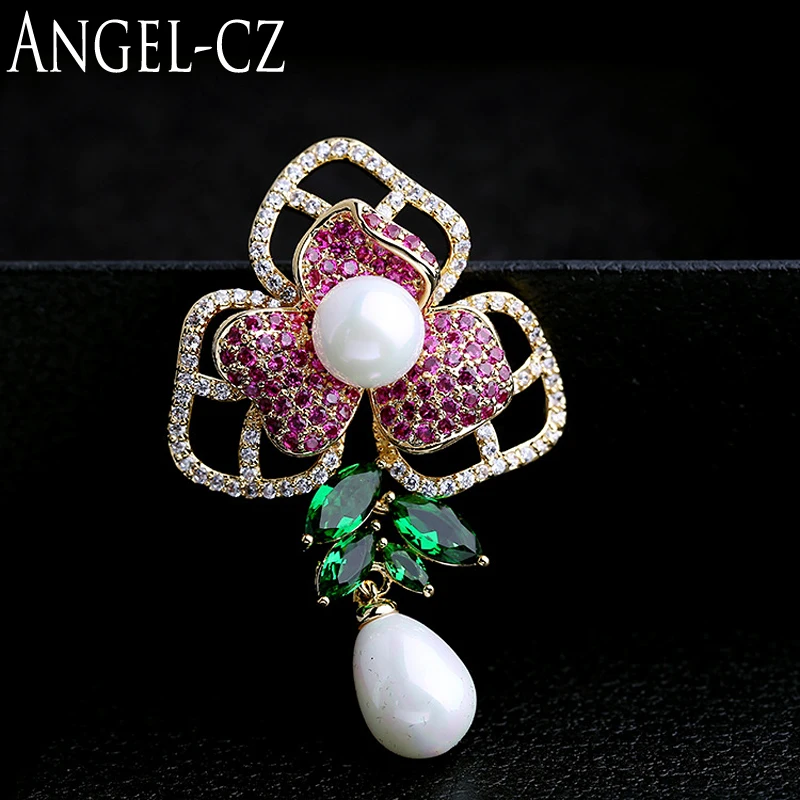 ANGELCZ Značky Luxusná Zlatá Farba Kvetu Brošňa Pin Ruže Červenej, Zelenej CZ Kryštálmi Veľká Svadba Brošne Pearl Šperky Pre Ženy BP010