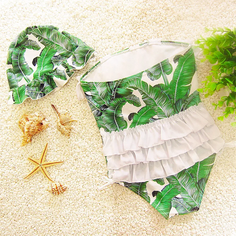 Baby Dievčatá Zelené Listy Vzor jednodielne Plavky s Spp Plávať Roztomilý Detský Dieťa Flounced Plavky, plážové oblečenie Tlač plavky