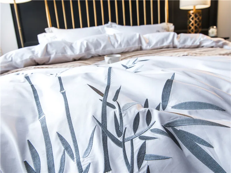 Biela Luxusné Bambusové obliečky sady Výšivky posteľ nastaviť double twin kráľovná king size perinu posteľ list nastaviť obliečka na vankúš