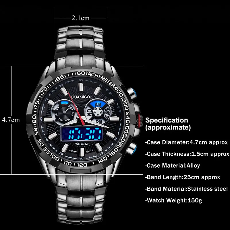 BOAMIGO Značky Mužov Športové Hodinky Bežné Quartz Hodinky Luxusné Vojenské LED Digitálne Hodinky Vodotesné Oceľové náramkové hodinky Reloj
