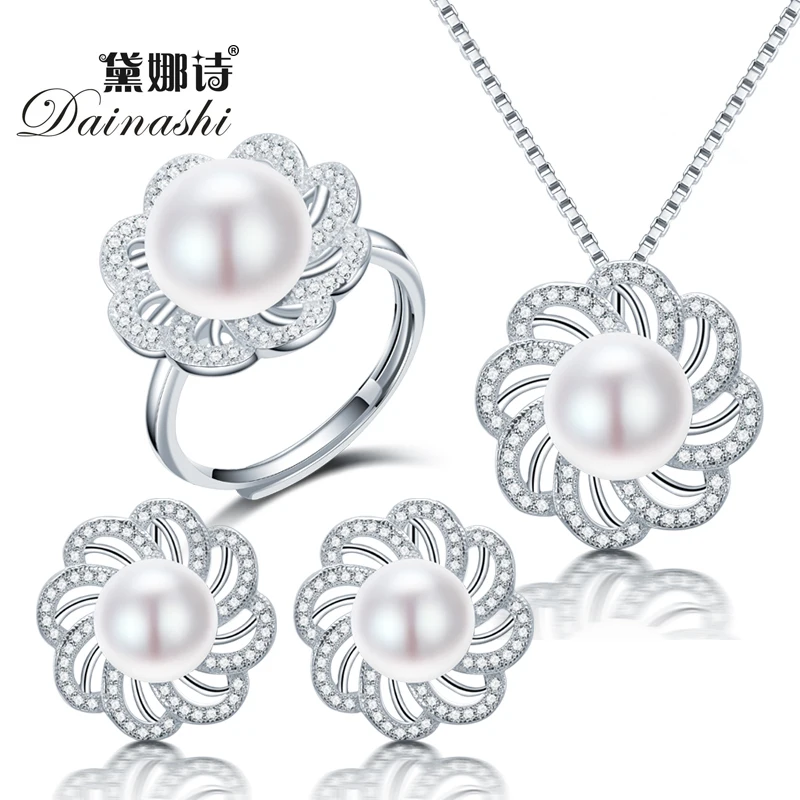 Dainashi nové sladkovodné perly šperky súpravy s perlový náhrdelník pearl nastaviteľné krúžky pearl náušnice z 925 sterling silver