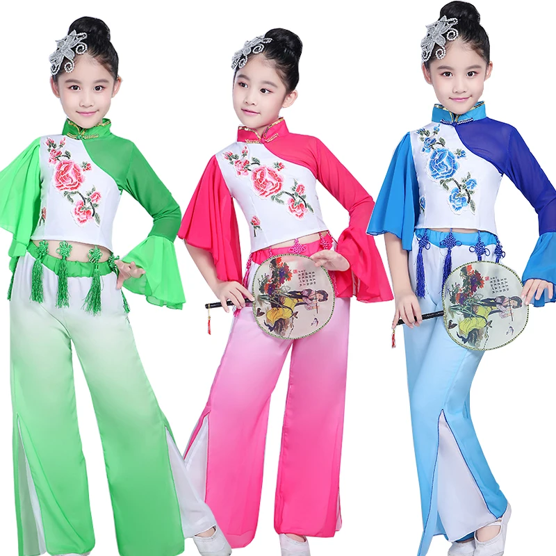 Deti Dávnych Tradičnej Čínskej Ľudovej Tanečnej Topy+Nohavice Deti, Dievčatá Fáze nosenie Tanečné Šaty, kostýmy Sála Ventilátor Tanec