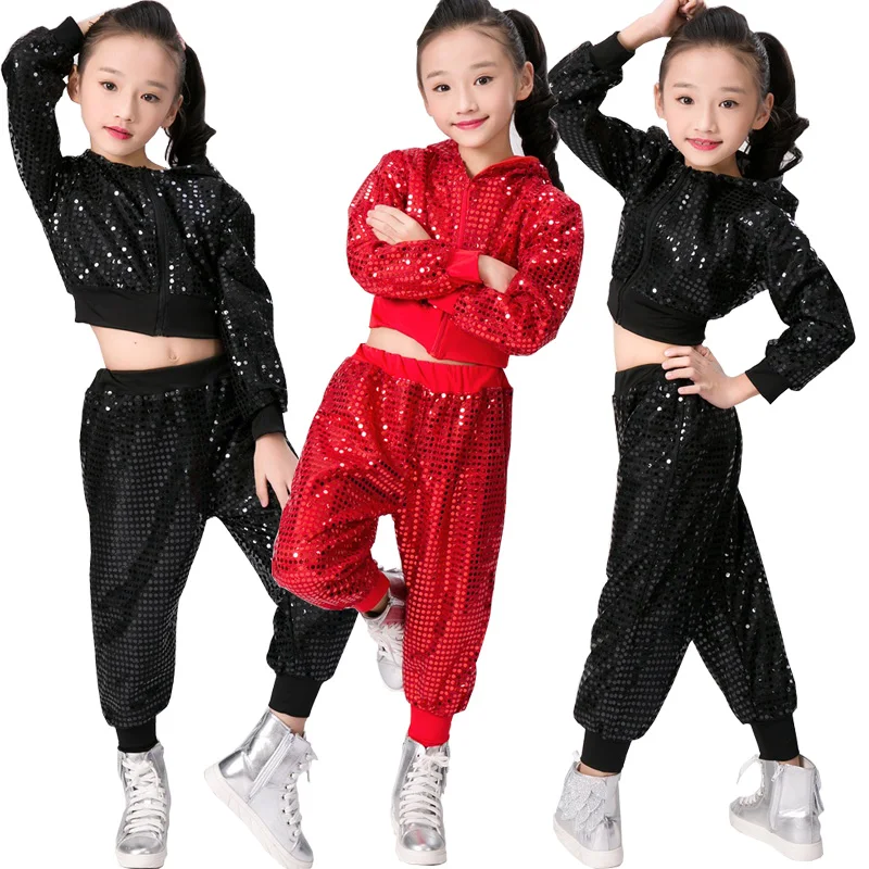Deti Hip Hop dancewear kostýmy Dievčatá Chlapci Moderný, Džezový tanec Oblečenie Sála Strany Sequined tanec mikina s Kapucňou +Nohavice