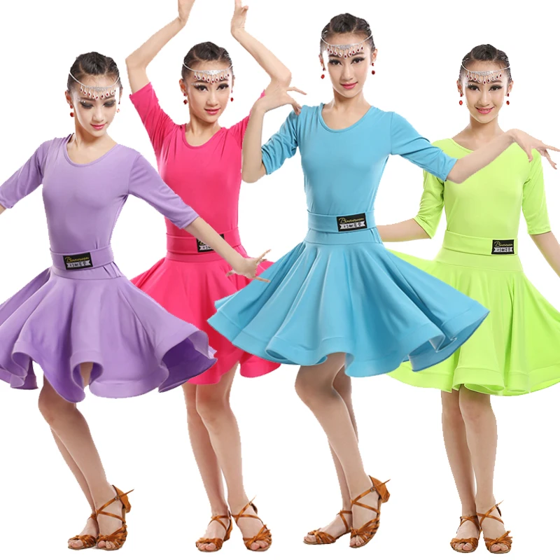 Dievčatá Zelená Modrá latinskej tanca šaty Deti Sála Salsa Tanečné nosiť Oblečenie, detské Party Stage nosiť kostýmy dlhý rukáv