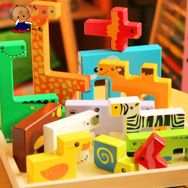 Doprava zadarmo Detská Drevená zvierat kreatívne bloky, Deti stavebné bloky stereoskopické vzdelávacie hračky pre deti Blok darček