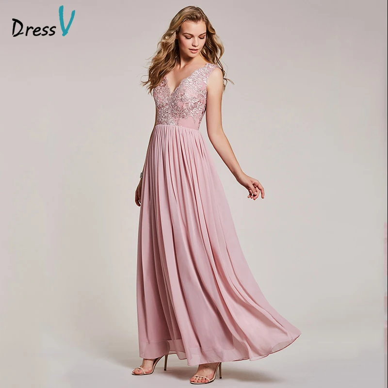 Dressv peal ružová dlhé večerné šaty lacné v krku čipky appliques riadok svadobné party formálne šifón šaty večerné šaty