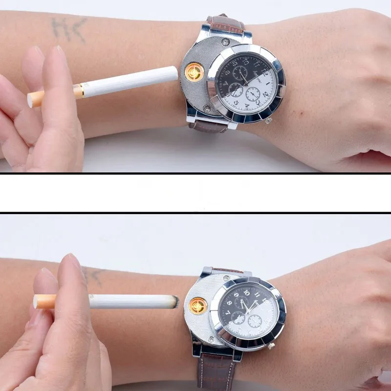 F667 Módne Dobíjacie USB Zapaľovač Hodinky Elektronické Mužov Bežné náramkové hodinky Quartz Vetru Flameless Cigaretový Zapaľovač