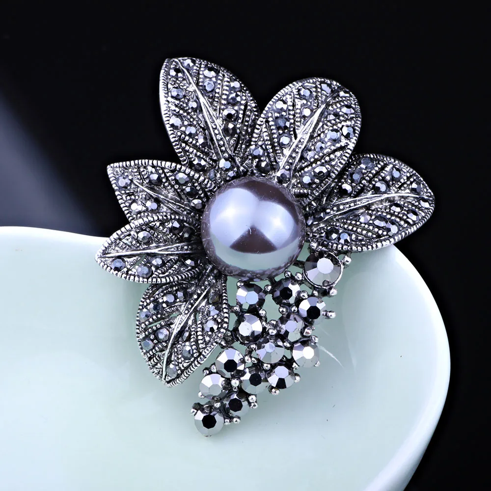 FARLENA Šperky Napodobňované Gray Pearl Crystal Kvet Sveter Kolíky a Brošne Vintage Čierna Drahokamu Brošňa pre Ženy