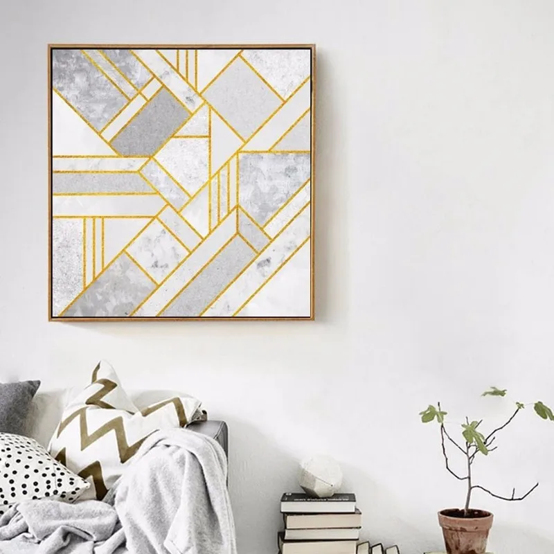 HAOCHU Nordic Abstraktné Geometrické tvary s Golden Line Plátno na Maľovanie Modulárny Obrázky Obývacia Izba Dekor Námestie Plagáty