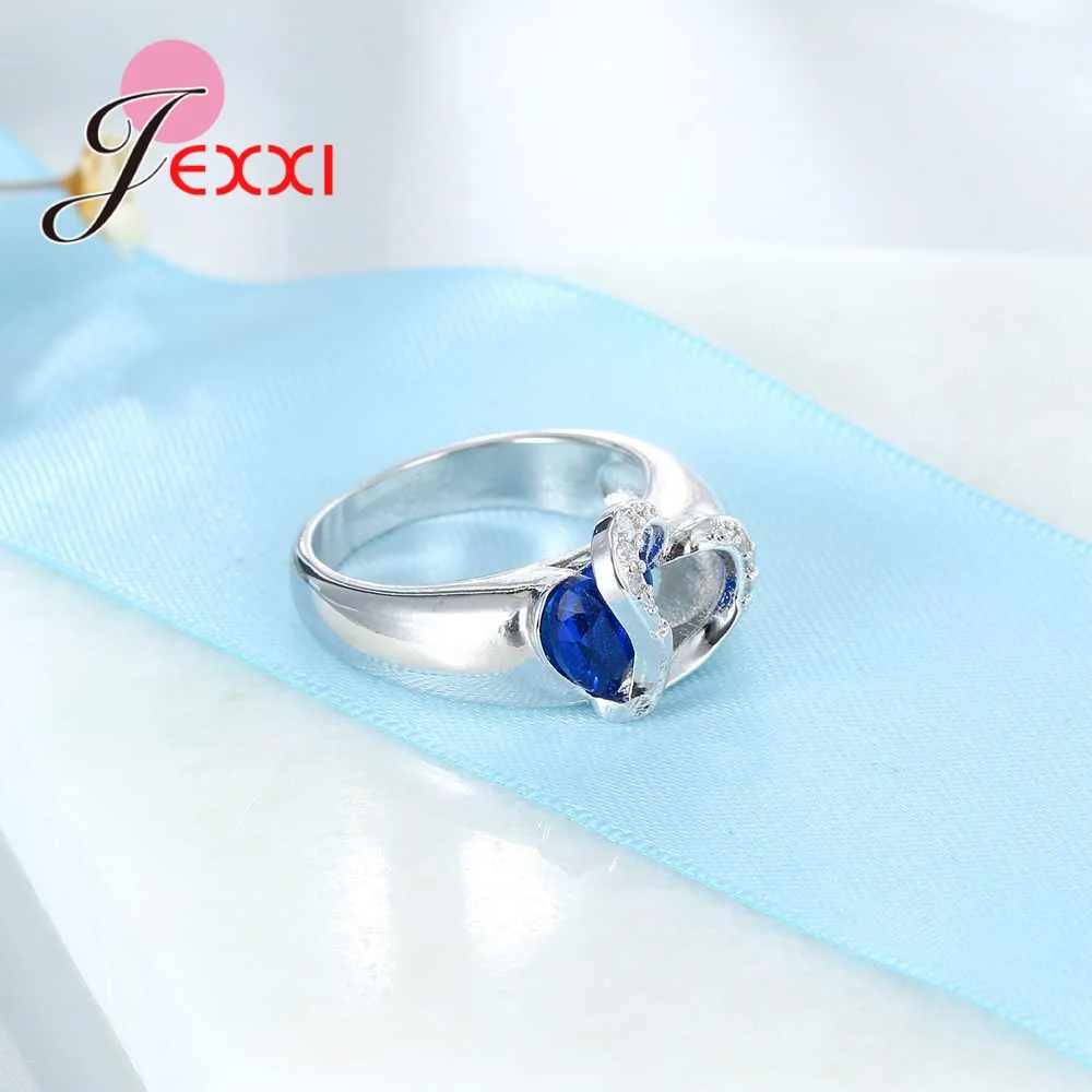 JEXXI S925 Pečiatkou Srdce Tvar Modré Crystal Sterling Silver Zásnubné Prstene Pre Ženy, valentínske Dní Anillos Darček