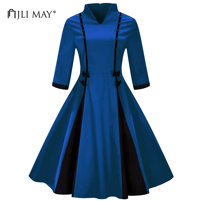 JLI MÔŽE Vintage plus veľkosť šaty žien slim midi patckwork luk tvaru tri štvrtiny rukáv, modrá strana hepburn 50. retro šaty