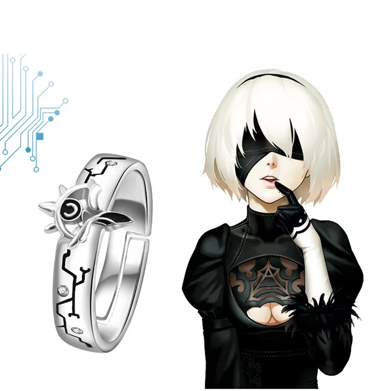 Kreatívne NieR:Automaty Krúžok Nastaviteľné Anime YoRHa Typ Č. 2 Krúžky 925 Silver Šperky pre Ženy, Mužov, Cosplay Vianočný Darček