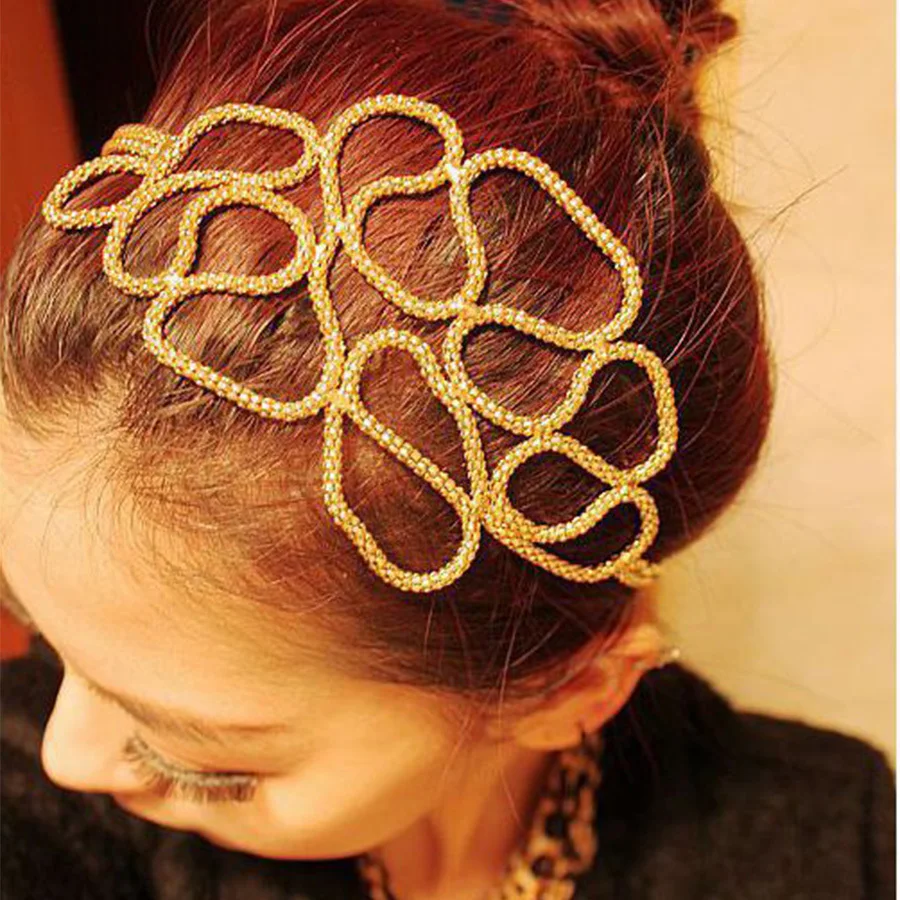 Kórea Módne Elastické Zlato Kov Duté Sa Kvet Hlavový Most Fascinator Lano Páska Držiak Na Vlasy Hairband Tiara Hlavu Ornament