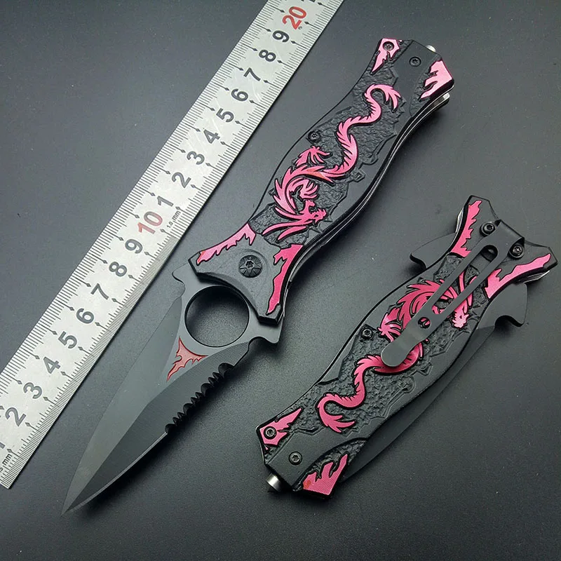 Poľovnícke Táborenie Prežitie Vreckový nôž z Nehrdzavejúcej Ocele Multi Nástroje Turistika Červená Wiredraw Dragon Zrna Nože Násobne Nôž Outdoor Kit