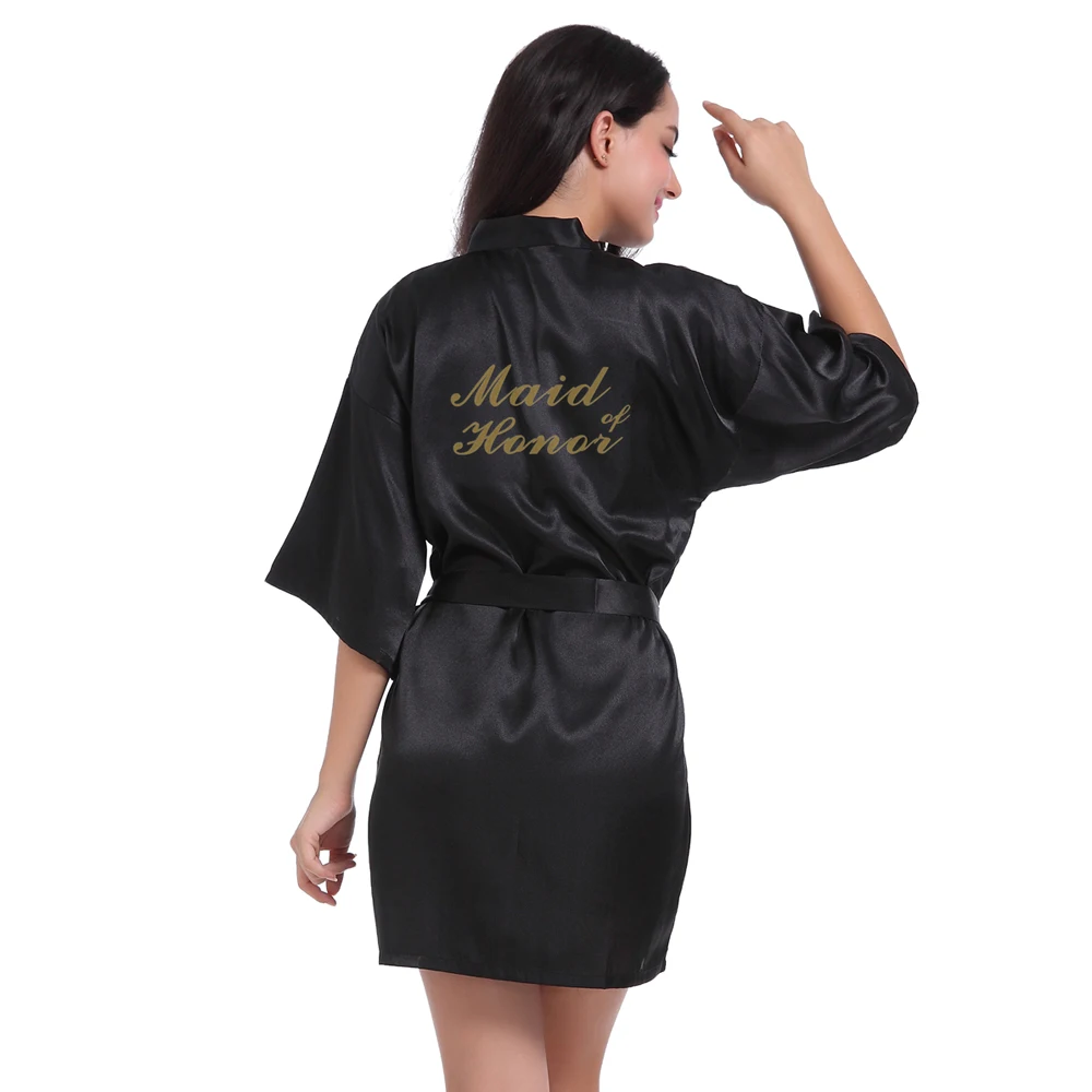RB85 Maid of Honor List Zlatý Lesk Tlače Kimono Šaty Faux Hodváb Ženy Bachelorette Svadobné Preparewear Svadobné Party Šaty