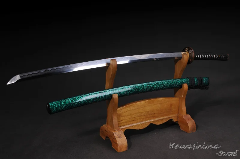 Samuraj Meč Ručné Katana Zložené Ocele Full Tang Lesklý Zelená Saje Dvojité Hamon