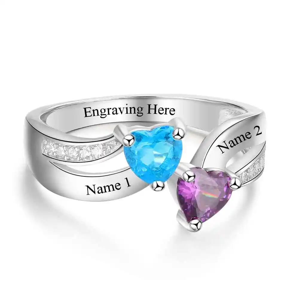 Srdce Tvar Sľub Krúžky Osobné Birthstone Engrave 2 Mená 925 Sterling Silver Šperky, Darček Pre Ňu (JewelOra RI103266)