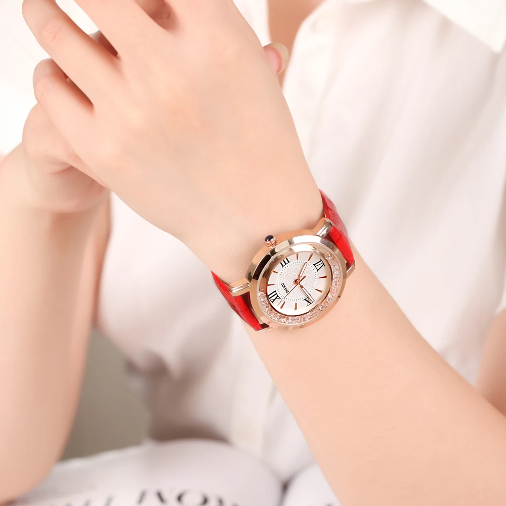 TIME100 Ženy Hodinky Drahokamu červený Kožený Popruh Dámy Quartz Zápästie Watche Rímskou Číslicou Veľké Dial Pre Ženy relogio feminino
