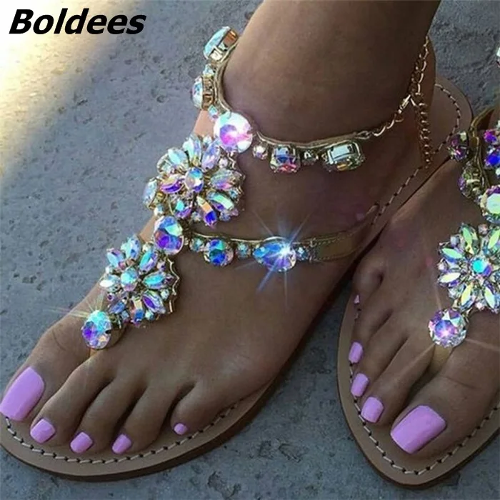 Trendy Designe Crystal Flip-flop Gladiator Sandále Ženy Klip-toe Drahokamu Kovové Reťaze Pláž Nosiť Ploché Topánky