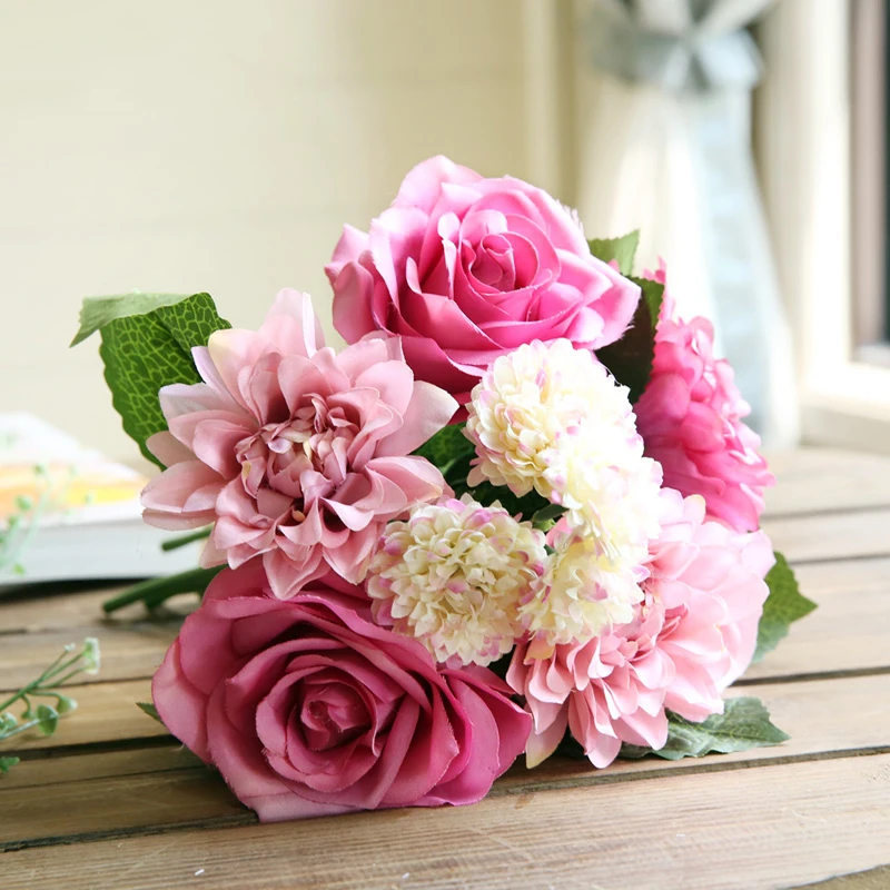 Umelé Kvety, Kytice 10 Vedúci Rose Dahlia Jeseň Živé Falošné Kvet Pre Svadobné Domácej Strany Vianočný Dekor Hodváb Kvet