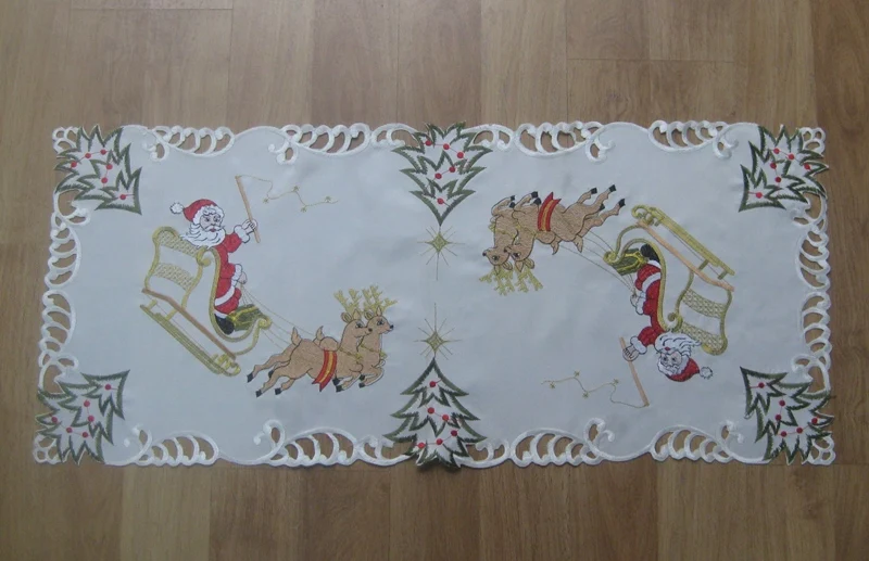 Vezon Hot Predávať 40*85 cm Vianoce Polyester Výšivky Satin Stôl Runner Vyšívané Vianočné Cutwork obrus Uterák Zahŕňa