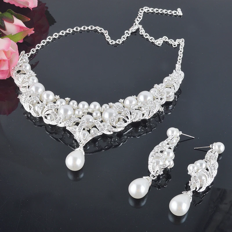 Vysoká kvalita Koreal sklenené Perly krištáľové Šperky Sady svadobné Svadobné strieborná farba Náhrdelníky Náušnice, Sety Pre Ženy strany šperky
