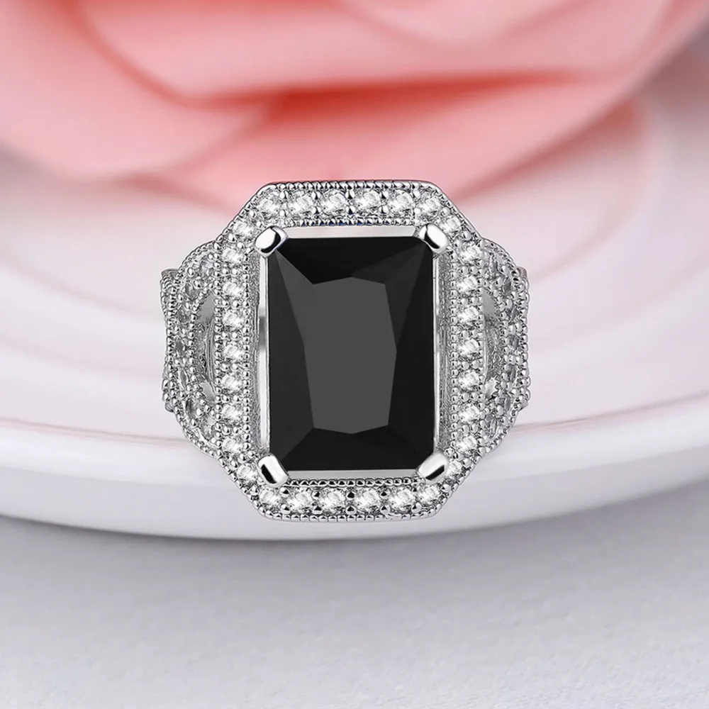 Výročie Krúžok Čierny Zirkón bielej CZ Striebro Módne šperky dámske Prstene veľkosť 6 7 8 R2079