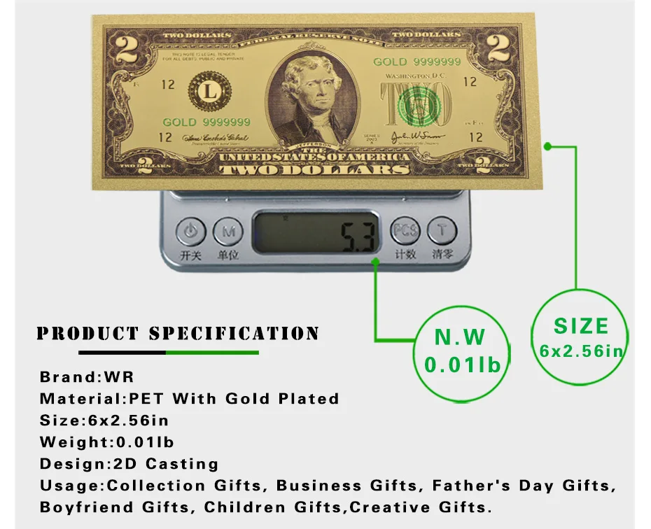 WR USD 2 Pozlátené Bankoviek Domova Zberateľskú Farebné Papierové Peniaze USA Falošné Peniaze Kvality Zlato, Bankovky na Zber