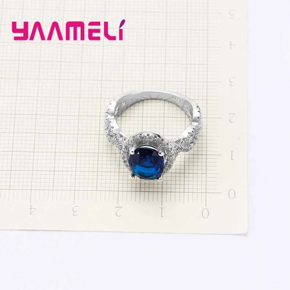 YAAMELI Elegantné Klasické Hlboké Modré Kolo Crystal Kamenný Kruh, 925 Sterling Silver Pre Roztomilý Žien Svadobný Obrad Výročie