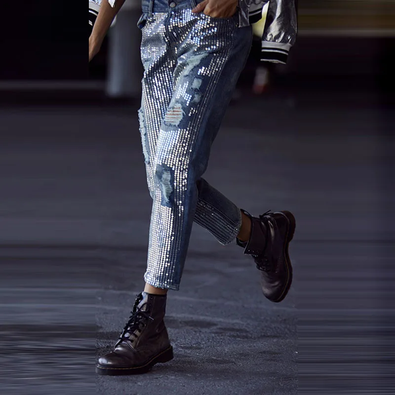 YNZZU Plus Veľkosť Flitrami Džínsy Ženy 2018 Nové Jarné Elegantné Rovné Denim Džínsy Európskej Bežné Roztrhlo Otvor Džínsy Streetwear YB174