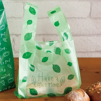 100ks/veľa Veľkosť 18*35 cm a 24*45 cm Supermarket Nakupovanie plastového Vrecka Zelené listy farba taška Čisté a čerstvé vest pocket