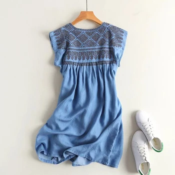 2018 Nové Letné Ženy Šaty Vintage Výšivky Mäkké Džínsové Šaty O-Nekc Krátky Rukáv Modré Šaty Žena Vestidos Bežné Kawaii