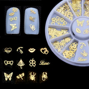 240 ks Nail Art, 3D Zmiešané Dizajn Gold Kovový Plátok Kolesa Tipy Dekorácie-Nálepky Na False na Nechty, UV Gel Nechty Vylúčiť Lepidlo