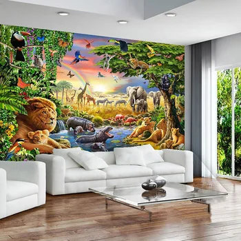 3D Tapety na Oblohe Dúha Zelená Lesné Zviera Slon, Lev olejomaľba Foto nástenná maľba Obývacej Izbe, detskej Izbe nástenná maľba Abstraktných De Parede