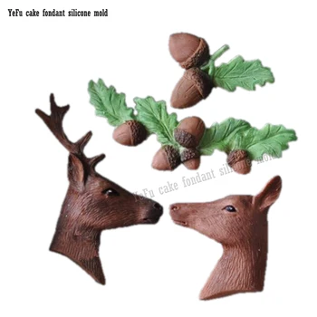 3D Vianočné Elk Jeleň Žaluď listy Fondant Silikónové Formy na Mydlo Tortu Formy na Pečenie Cake Zdobenie Nástroje F0813