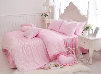 4/7Pcs Princezná štýl luxusná posteľná bielizeň sady kráľovná king size perinu nastaviť posteľ sukne nastaviť hodvábna obliečka na vankúš+bavlna+čipka obliečky