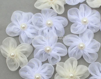 50pcs Ručné Biela Slonovinová Svadobné Organza Kvety s Pearl Flower Perličiek, Hodvábne Vlasy Kvety, Umelé Kvety na Svadbu
