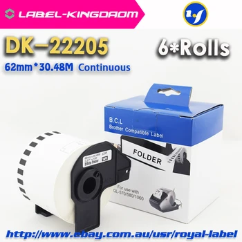 6 Roliek Kompatibilné DK-22205 Štítku 62mm*30.48 M Kontinuálne Kompatibilné Brat Tlačiarní QL-570 QL-700 Všetky majú Plastový Držiak