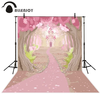 Allenjoy fotografie pozadí ružová cartoon strom, hrad cesta dievčatá originálny dizajn pozadia vlastné novorodenca