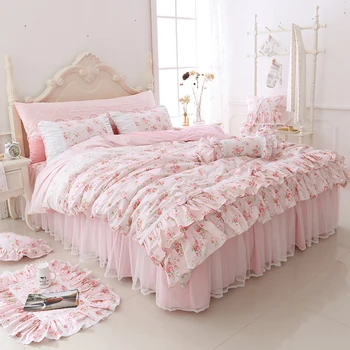 Bavlna Kvetinový vytlačené princezná posteľná bielizeň nastaviť twin kráľ, kráľovná veľkosť 4/6pcs Ružová dievčatá čipky perinu nastaviť prehoz cez posteľ posteľ sukne
