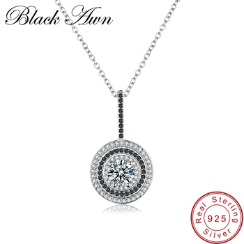 [BLACK AWN] Originálne 925 Sterling Silver Žien Náhrdelník Jemné Šperky Kolo Bijoux Black Spinelovou Prívesky, Náhrdelníky P074
