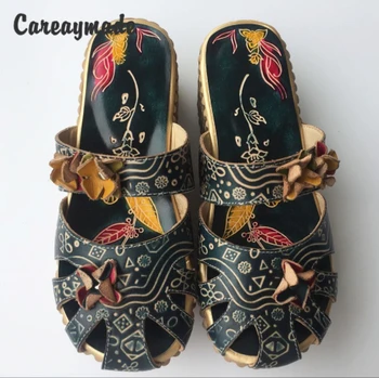 Careaymade-Ľudová štýl Hlavu vrstva cowhide čisto ručne Vyrezávané topánky, retro umenia mori dievča, topánky,dámske ležérne Sandals958-1