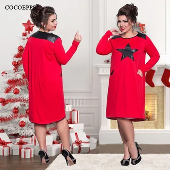 COCOEPPS 2017 Veľké Veľkosti Ženy Šaty Módne Modrá Červená Dlhý Rukáv Office Ženy Oblečenie O-Neck Black Stars Bodycon Šaty Vestidos