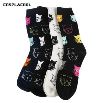 [COSPLACOOL]4 Štýle Kreslených Tvár Mačka Vzor Bavlna Ženy Ponožky Roztomilý Zvieratá Sladké Ženské Zábavné Ponožka Módne Unisex Meias Č Box