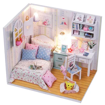 Diy Drevené Miniatúrne spálňa Doll House Nábytok, Hračky Miniatura Budovy Nábytok, Model detskej Hračky Darček k Narodeninám M013