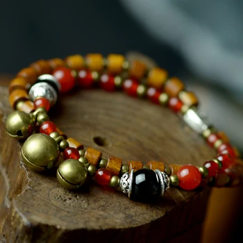 Drevené strand náramok pre ženy, etnické štýl červenom carnelian medi bell korálkové dvojitá reťaz vintage šperky, móda roku 2018