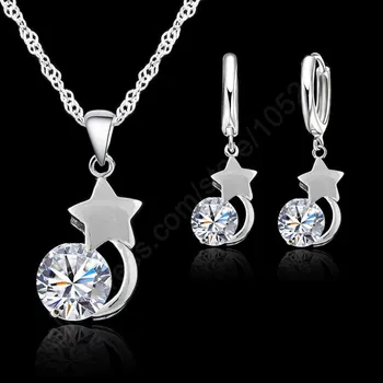 JEXXI Šperky Stanovuje Skutočný 925 Sterling Silver Cubic Zirconia Crystal Hviezdy, Mesiac Prívesok Náhrdelníky Leverback Uchu Náušnicu