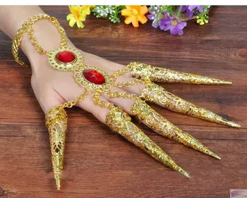 Karneval, halloween cosplay party, brušný tanec príslušenstvo Indie dance strane šperky, kovové zlaté dlhé nechty s diamond