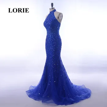 LORIE Luxusných Večerných Šiat abendhttpder s uväzovaním za Perlové Bling Bling Kráľovská Modrá Prom Šaty Kamienkami Tylu Mermaid Party Šaty